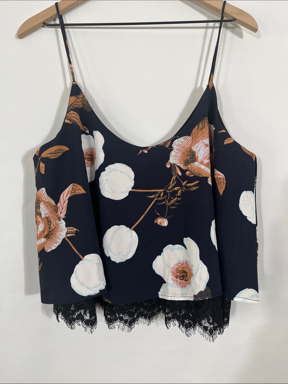 Floral Lace-Hem Spaghetti Strap Cami - Navy with Rust & White Bloom